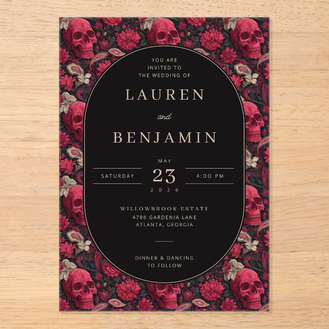 Elegant Skull and Floral Wedding Invitation (Front)