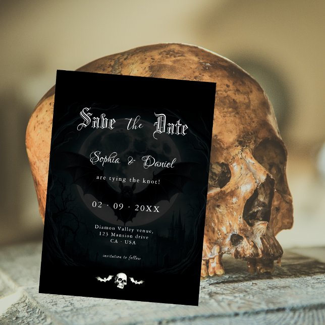 Elegant Skull Bats Moonlight Wedding Gothic Black Save The Date (Creator Uploaded)