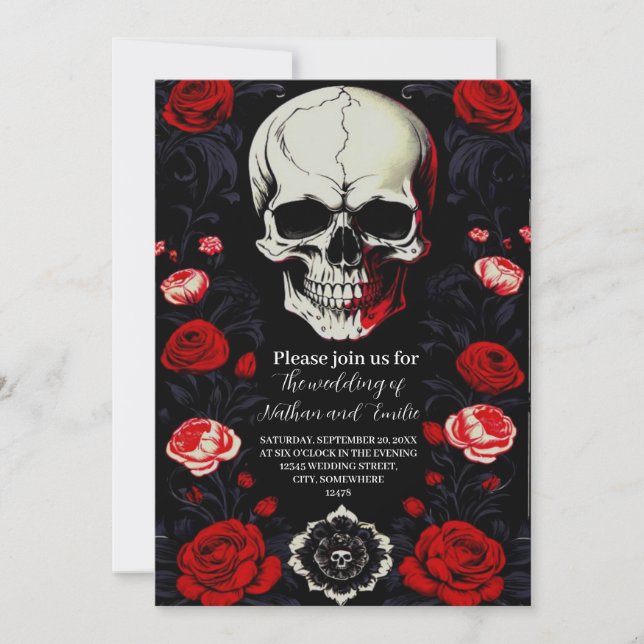 Elegant Skull gothic red flowers wedding invitatio Invitation (Front)