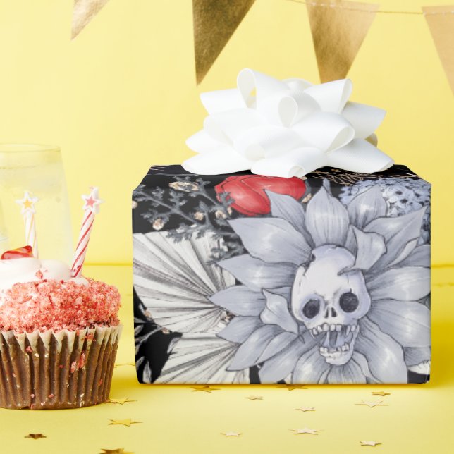 Elegant Skull Roses Coffin Silver Black  Wrapping Paper (Birthday Party)