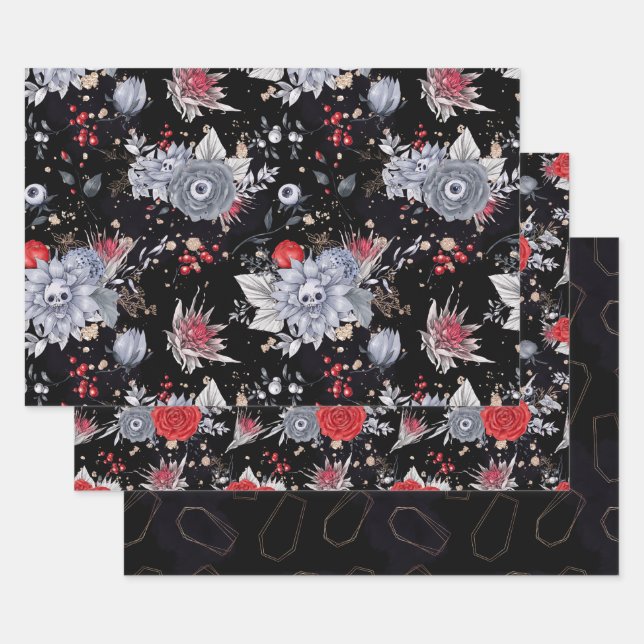 Elegant Skull Roses Coffin Silver Black  Wrapping Paper Sheet (Set)