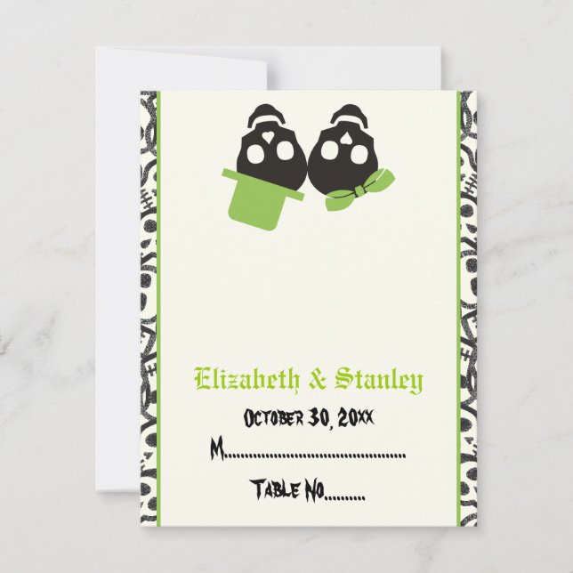 Elegant skulls Halloween green wedding place card (Front)