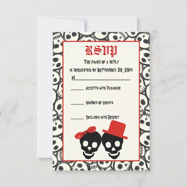 Elegant skulls Halloween red black wedding RSVP (Front)