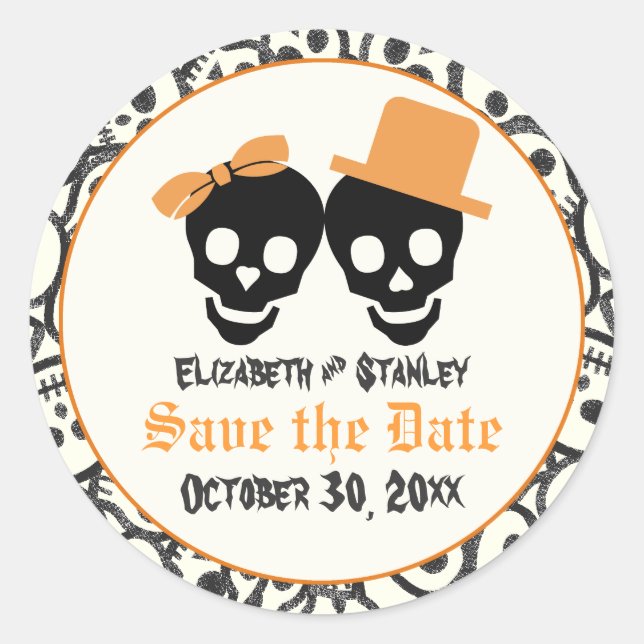 Elegant skulls Halloween wedding Save the Date Classic Round Sticker (Front)