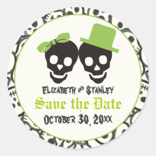 Elegant skulls Halloween wedding Save the Date Classic Round Sticker