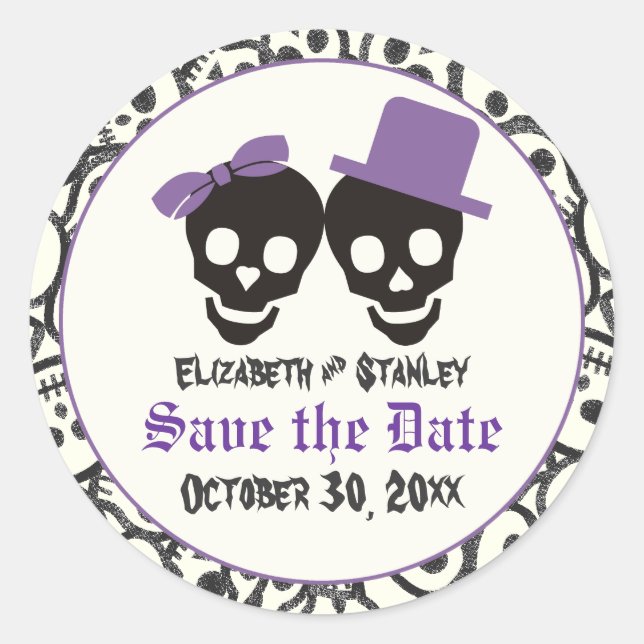 Elegant skulls Halloween wedding Save the Date Classic Round Sticker (Front)
