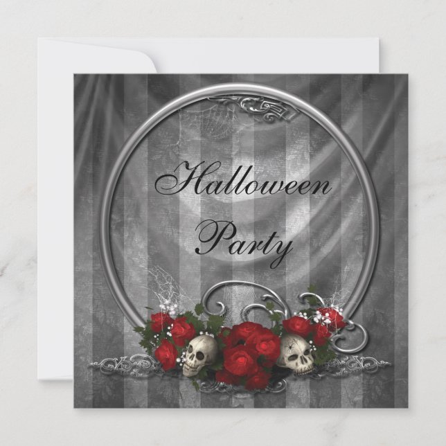Elegant Skulls & Roses Halloween Party Invites (Front)