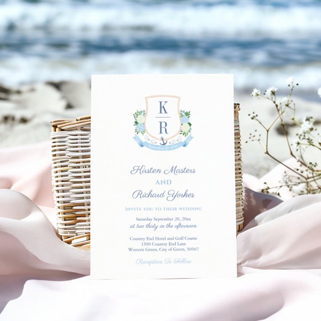 Elegant Sky Blue Coastal Monogram Crest Wedding Invitation (Coastal wedding invitation featuring handpainted watercolor crest with oyster shells and anchor)