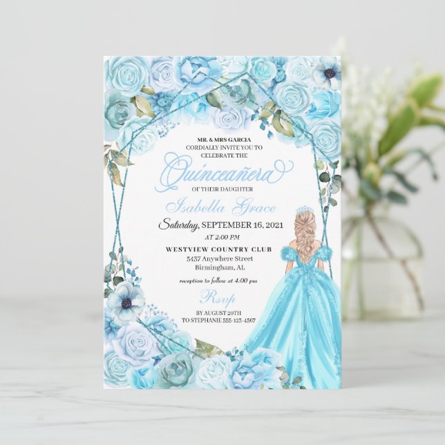 Elegant Sky Blue Floral Quinceanera Invitation (Standing Front)
