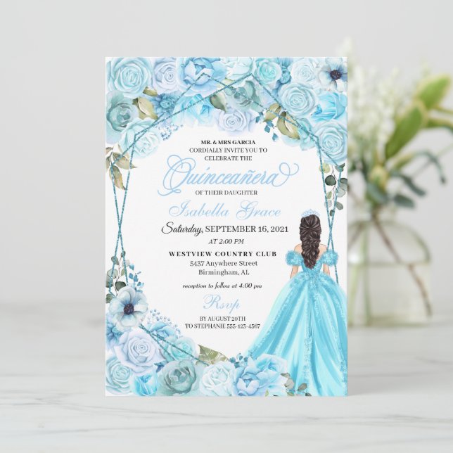Elegant Sky Blue Floral Quinceanera Invitation (Standing Front)