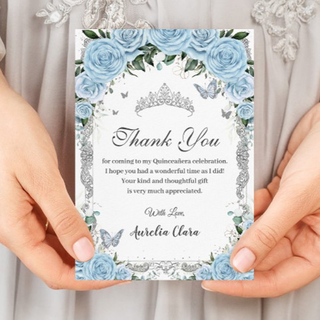 Elegant Sky Blue Floral Sweet Sixteen Quinceañera  Thank You Card (Creator Uploaded)