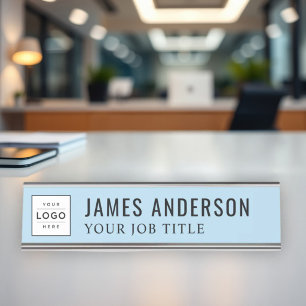 Elegant Sky Blue Logo Employee Desk Name Plate
