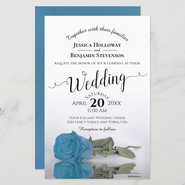 Elegant Sky Blue Rose BUDGET Wedding Invitation (Front/Back)