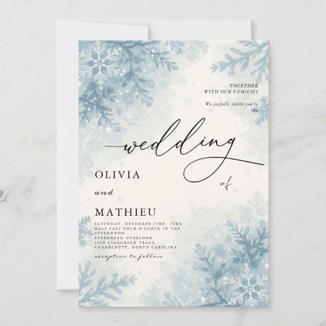 Elegant Sky Blue Snowflake Winter Wedding Invitation (Front)