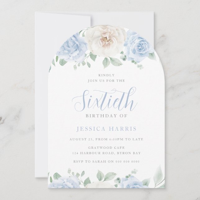 Elegant Sky Blue Watercolor 60th Birthday Party Invitation (Front)