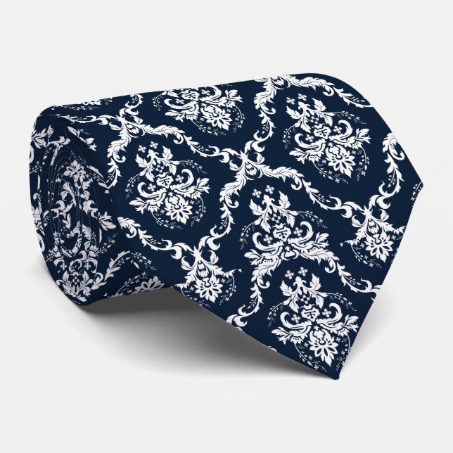 Elegant Sky Blue & White Damasks Tie (Rolled)