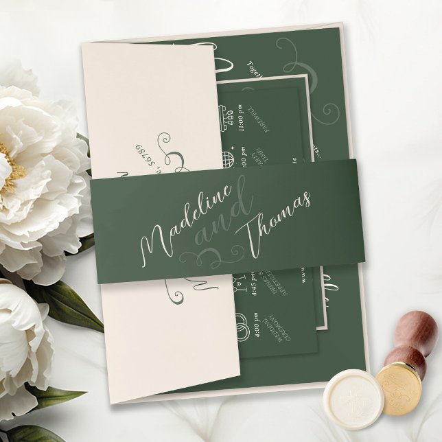 Elegant Slant Script Dark Green Monogram Wedding Invitation Belly Band (Elegant unique modern slant script dark moss green & ivory moody invitation suite, belly band)