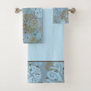 Elegant Slate Blue Ethnic Motif Bath Towel Set