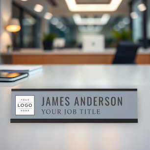 Elegant Slate Blue Grey Logo Employee Desk Name Plate