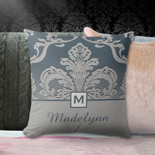 Elegant Slate Damask Monogram Design Cushion