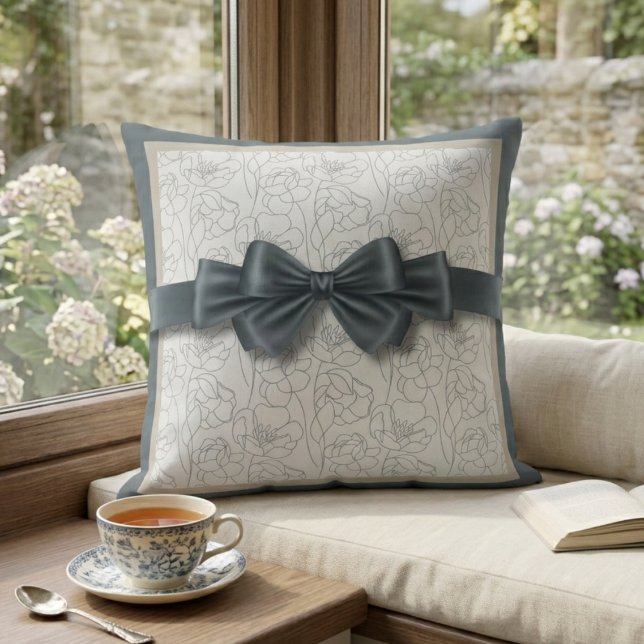 Elegant Slate Gray Modern Ribbon Motif Decorative Cushion (Create a cozy reading nook with our modern ribbon motif pillow, perfect for a serene window seat.)