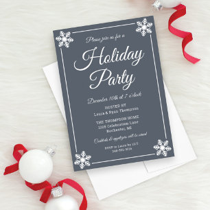 Elegant Slate Grey Snowflake Script Holiday Party Invitation