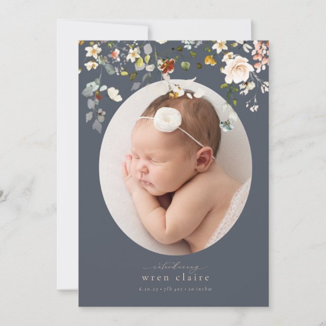 Elegant Slate Wildflowers Photo Birth Announcement (Front)