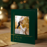 Elegant Sleek Green/Gold Modern Deco Style Photo Holiday Card<br><div class="desc">Make an understated but impactful holiday statement with this sleek, modern take on art Deco style featuring chic thin gold gradient lines surrounding a single portrait aspect photo template with a deep hunter green background and complementary font. The inside features additional text fields for your message and optional personalisation with...</div>