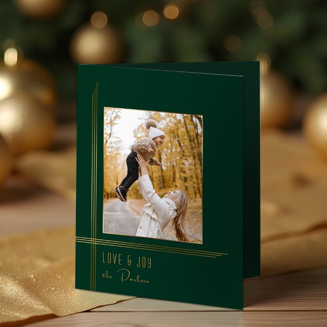 Elegant Sleek Green/Gold Modern Deco Style Photo Holiday Card (Creator Uploaded)