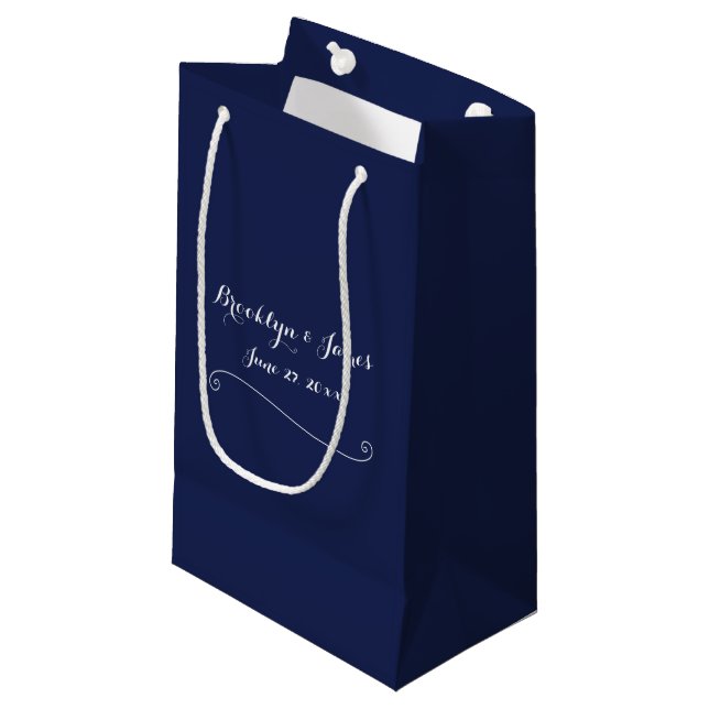 Elegant Small Navy Blue Wedding Gift Bag (Front Angled)