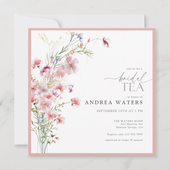 Elegant Small Pink Flowers Bridal Tea Invitation (Front)