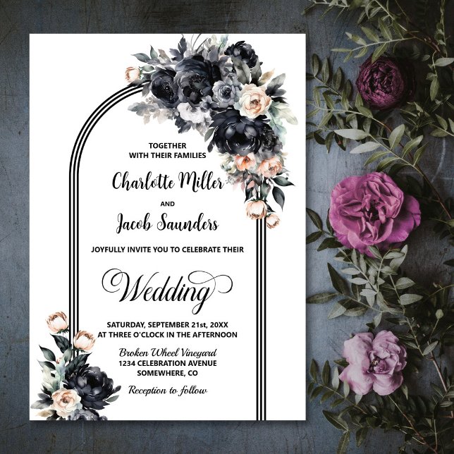 Elegant Smokey Black Floral Arch Wedding Invitation (Creator Uploaded)
