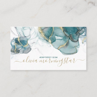 Elegant Smoky Dusty Teal Gold Accent Alcohol Ink Business Card
