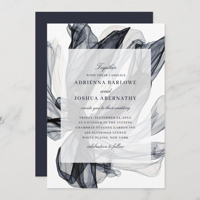 Elegant Smoky Floral Navy Wedding Invitation (Front/Back)