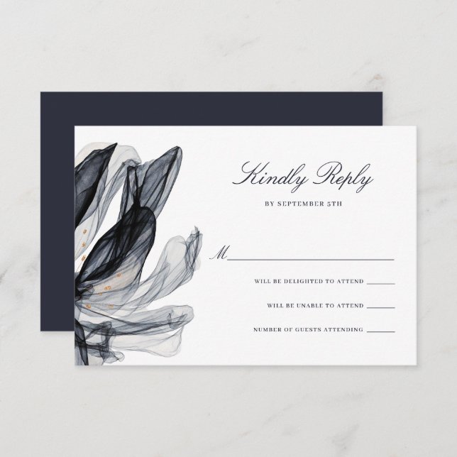 Elegant Smoky Flowers Deep Navy Wedding RSVP Card (Front/Back)