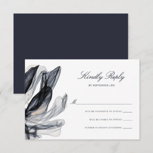 Elegant Smoky Flowers Deep Navy Wedding RSVP Card