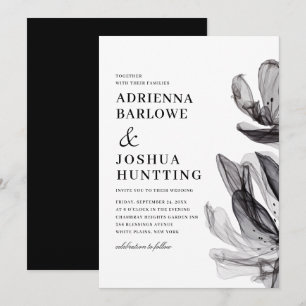 Elegant Smoky Flowers Side Text Black Wedding Invitation