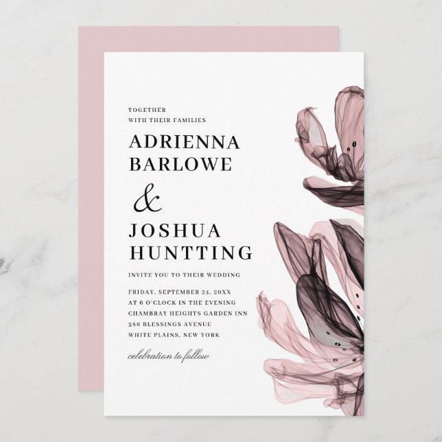 Elegant Smoky Flowers Side Text Dusty Pink Wedding Invitation (Front/Back)