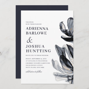 Elegant Smoky Flowers Side Text Navy Wedding  Invitation