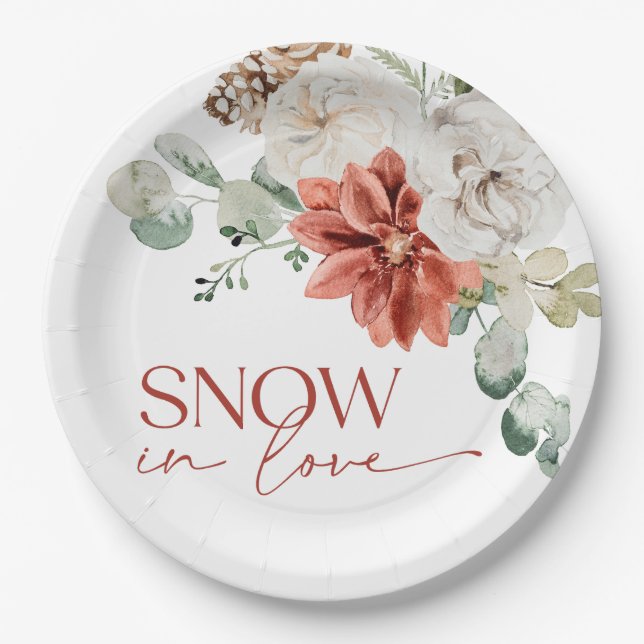 Elegant Snow in Love Winter Red Bridal Shower Paper Plate (Front)