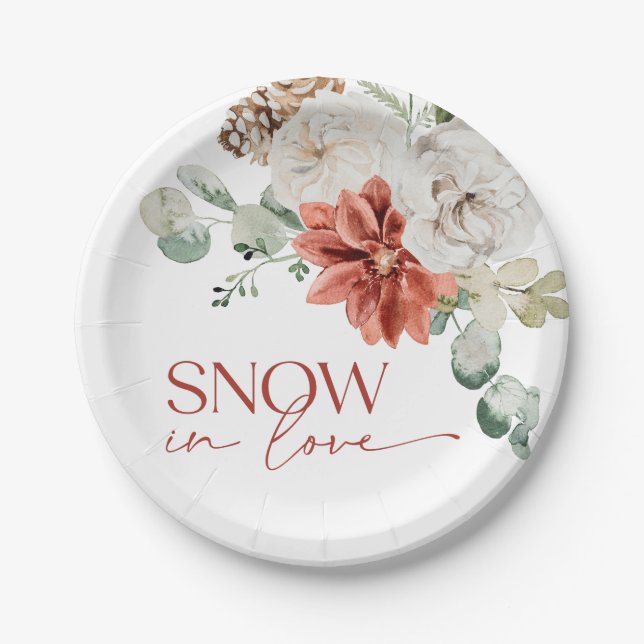 Elegant Snow in Love Winter Red Bridal Shower Paper Plate (Front)
