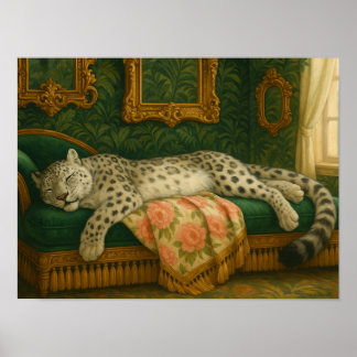 Elegant Snow Leopard Sleeping on Luxury Chaise  Poster