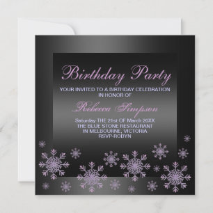 Elegant Snow Purple & Black Birthday Invitation