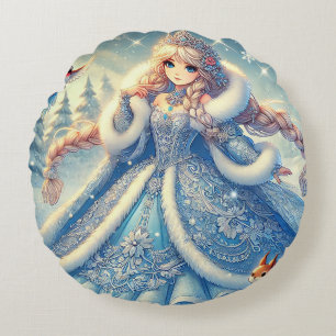 Elegant Snow Queen in Winter Wonderland Round Cushion