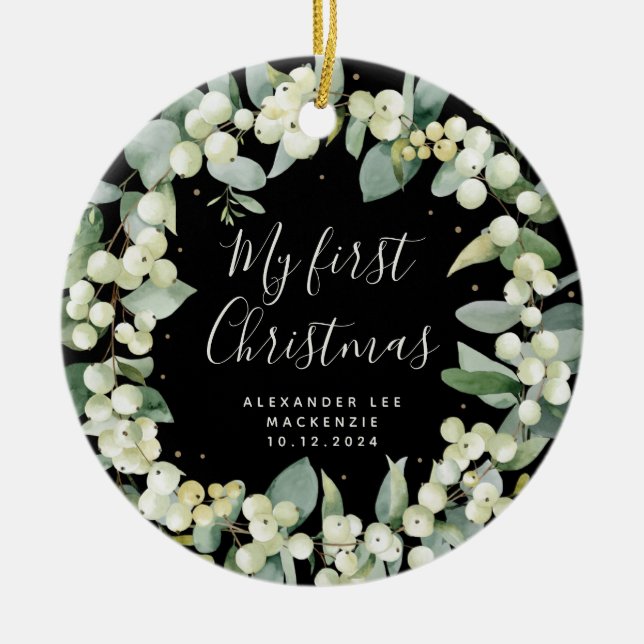 Elegant Snowberry Baby's First Christmas Photo Ceramic Ornament (Front)