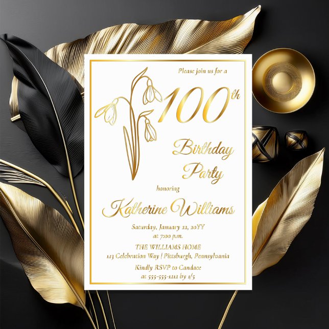 Elegant Snowdrops 100th Birthday Party Stamped (Elegant January Birth Month Snowdrops Floral "100th Birthday Party" Stamped Gold Foil Invitations)