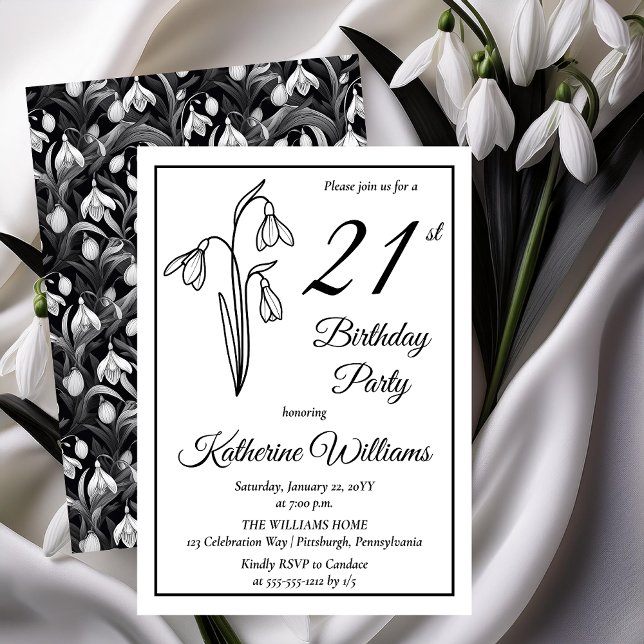 Elegant Snowdrops 21st Birthday Party  Invitation (Elegant January Birth Month Snowdrops Floral "21st Birthday Party" Invitations -- Print | Download)