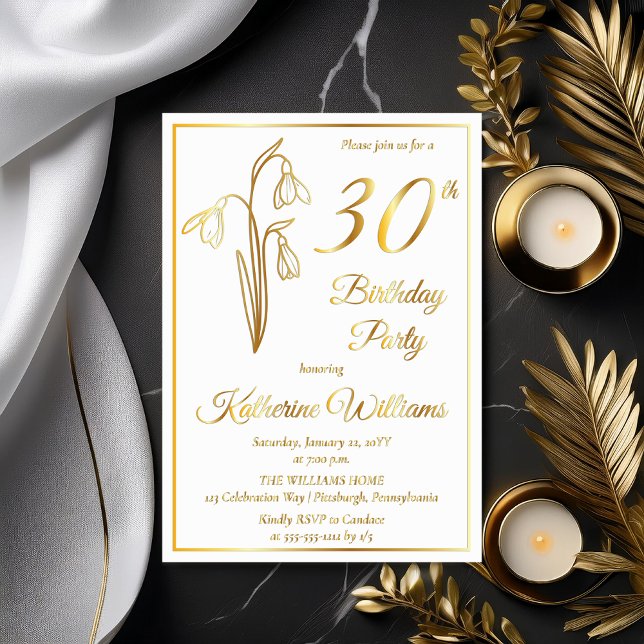 Elegant Snowdrops 30th Birthday Party Stamped (Elegant January Birth Month Snowdrops Floral "30th Birthday Party" Stamped Gold Foil Invitations)