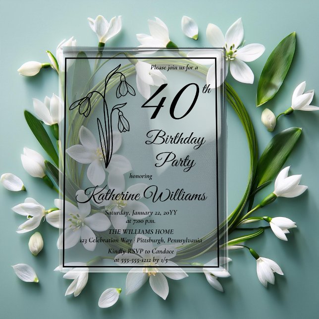 Elegant Snowdrops 40th Birthday Party  Acrylic Invitations (Elegant Snowdrops 40th Birthday Party Acrylic Invitations)