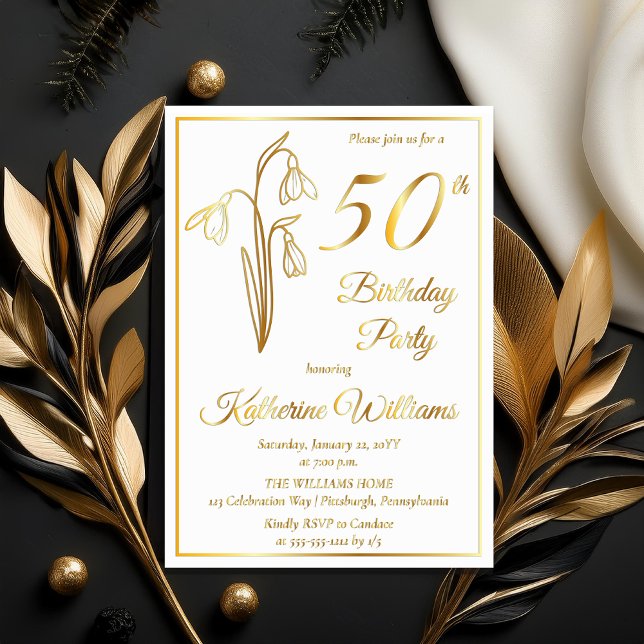 Elegant Snowdrops 50th Birthday Party Stamped (Elegant January Birth Month Snowdrops Floral "50th Birthday Party" Stamped Gold Foil Invitations)